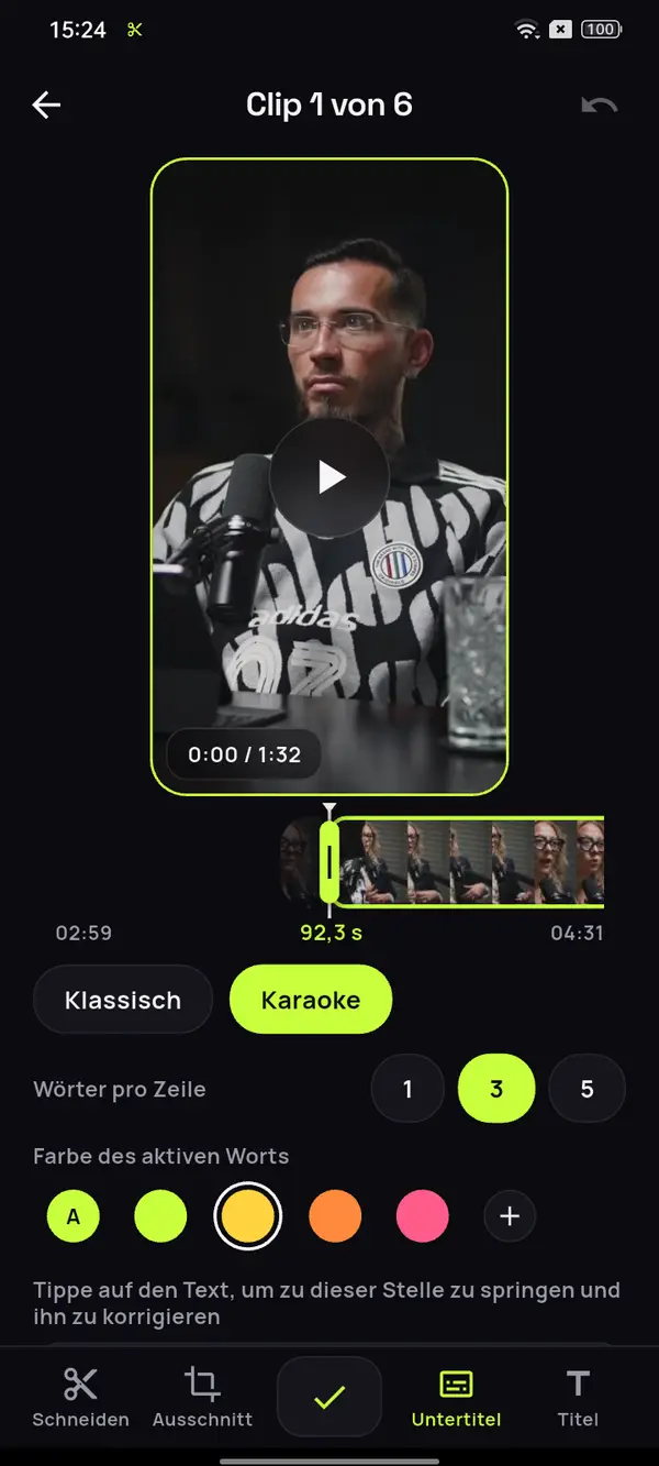 Clip-Editor mit Untertiteln
