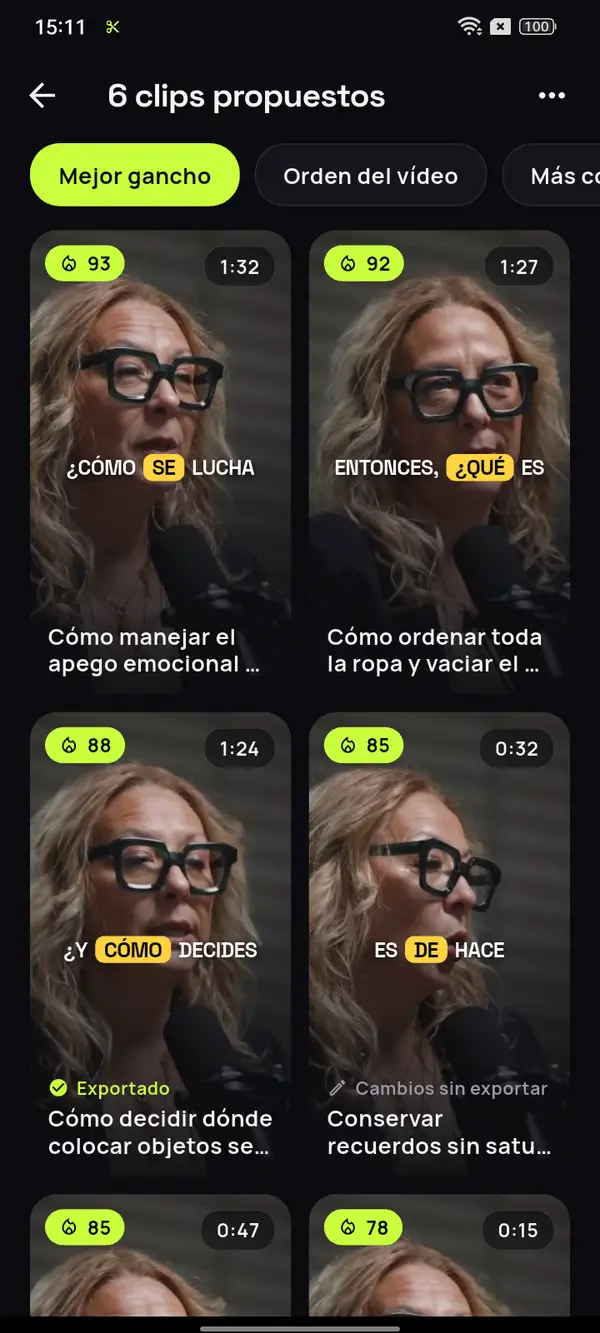 Clips propuestos por la IA con su puntuación