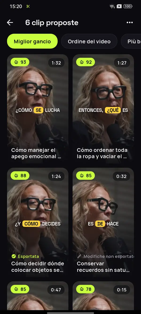 Clip proposte dall'IA, ognuna con il suo punteggio