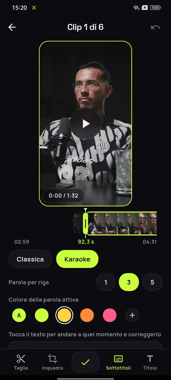 Editor delle clip con sottotitoli