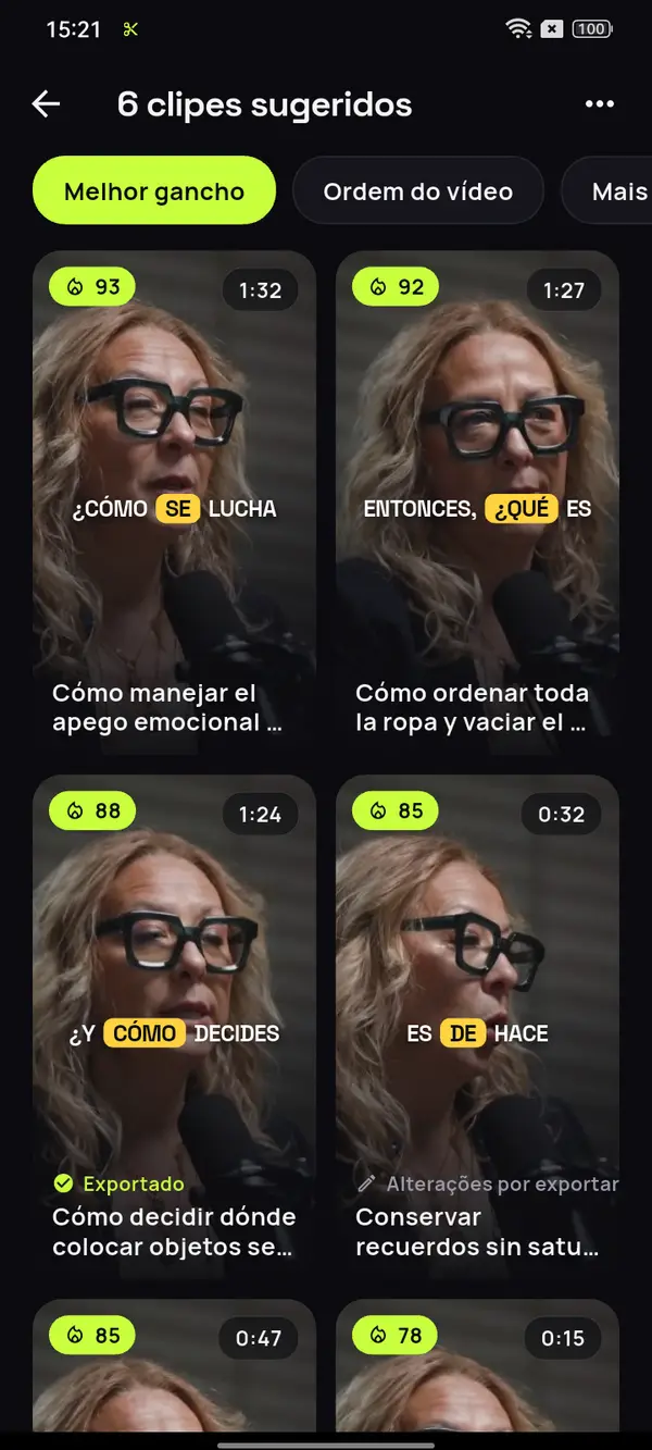 Cortes sugeridos pela IA, cada um com sua nota